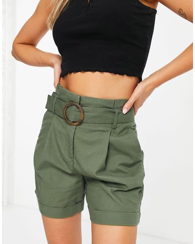 Vila Buckle Detail Shorts With Pleat Front - Green