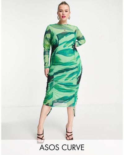 ASOS Asos Design Curve Edit Mesh Midi Dress With Ruching With Detachable Slip - Green