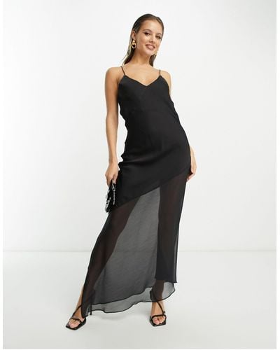 Mango X Camille V Neck Asymmetric Sheer Bottom Dress - Black