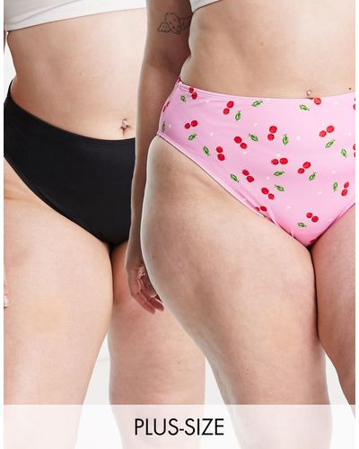 Simply Be Confezione da 2 slip bikini rosa con stampa di ciliegie e nero