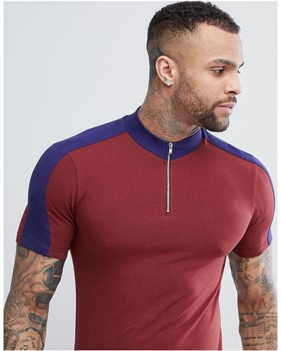 ASOS Muscle Turtleneck T-shirt With Stretch And Zip And Contrast Panels - Red