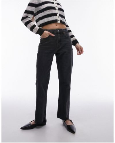 TOPSHOP Cropped Mid Rise Straight Jeans With Raw Hems - Black