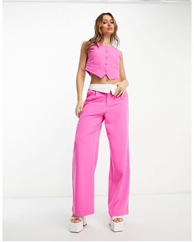 ONLY Neon & Nylon Contrast Folded Waistband Tailored Trousers Co-ord - Pink