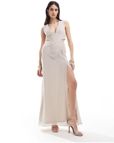TFNC London Bridesmaids Chiffon Pleated Maxi Dress With Split - Natural