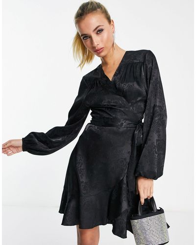 Flounce London Satin Wrap Front Mini Dress - Black