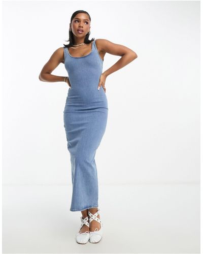 Pull&Bear Denim Maxi-jurk Met Stretch En Split-detail - Blauw