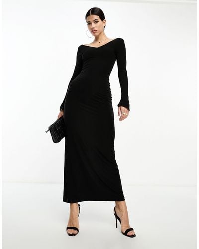 Fashionkilla Sculpted V Neck Off Shoulder Maxi Dress - Black