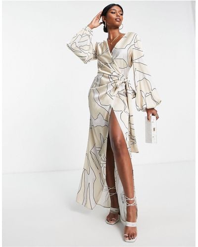 ASOS exaggerated Sleeve Satin Wrap Midi Dress With Open Detail Back - White