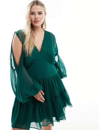ASOS Asos Design Curve Cold Shoulder Tiered Mini Dress With Lace Insert - Green