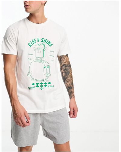 ASOS Lounge Pyjamaset Van T-shirt En Short Met Groene Print - Wit