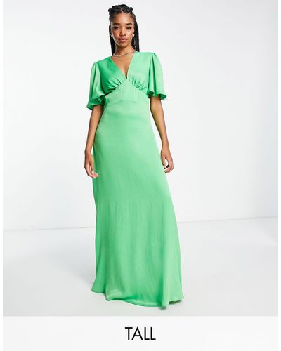 Flounce London Satijnen Maxi-jurk Met Fladdermouwen En Diepuitgesneden Voorkant - Groen