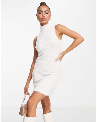 Pieces Exclusive Fluffy Sleeveless Roll Neck Mini Dress - White
