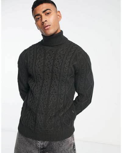 Only & Sons Chunky Cable Knit Roll Neck Sweater - Black