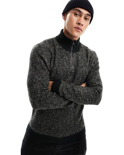 Jack & Jones Quarter Zip Sweater With Contrast Neck - Black