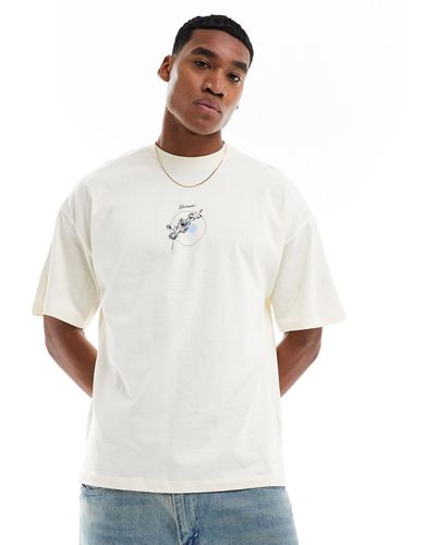 SELECTED Camiseta blanca extragrande con estampado botánico en el pecho - Blanco