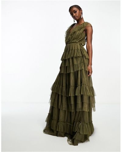 LACE & BEADS Tulle Tiered Maxi Dress - Green