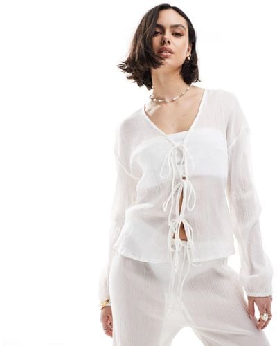 esmé studios Esmee Beach Long Sleeve Tie Front Textured Sheer Shirt - White
