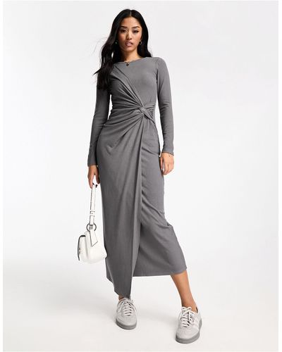 New Look Long Sleeve Ribbed Twist Detail Midi Dress - Grey