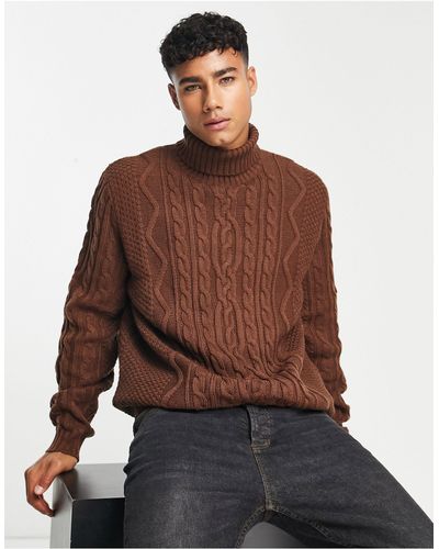 ASOS Cable Knit Roll Neck Sweater - Brown