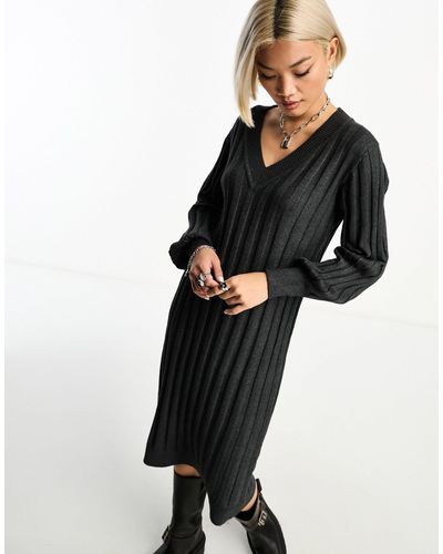 Object V Neck Knitted Ribbed Sweater Dress - Black
