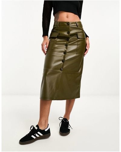 ONLY Faux Leather Button Down Cargo Midi Skirt - Green