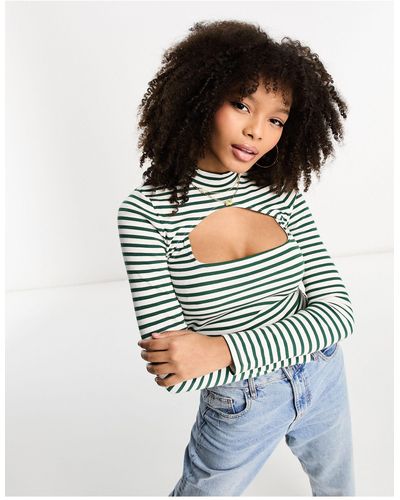 ASOS 2 In 1 Long Sleeve Rib Top With Cut Out In Green And Ecru Stripe - Grey