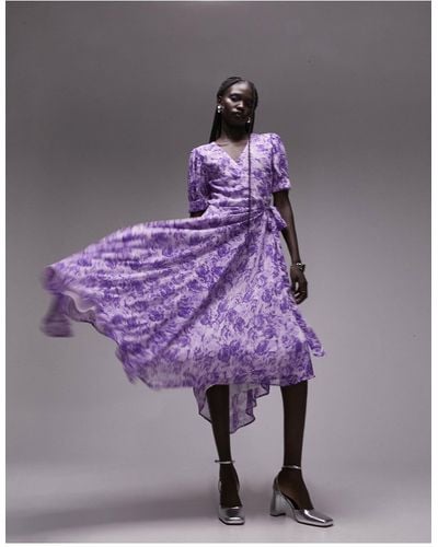 TOPSHOP Printed Midi Wrap Occasion Dress - Purple