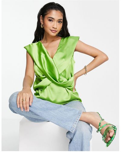 ASOS Satin V Neck Twist Blouse With Cupped Sleeve - Green