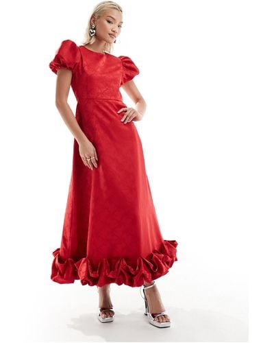 Sister Jane Bow Embossed Puff Sleeve Ruffle Hem Midaxi Dress - Red