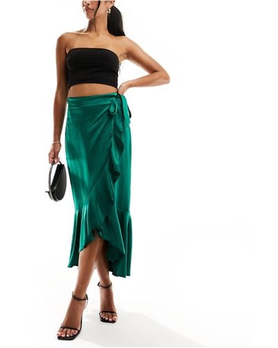 Flounce London Satin Wrap Midaxi Skirt - Green