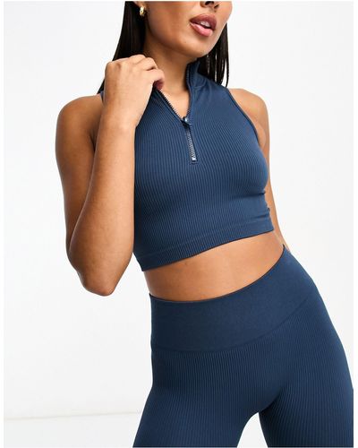Hoxton Haus Seamless Zip Front Gym Crop Top Co-ord - Blue
