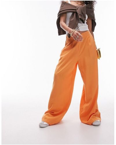 TOPSHOP Linen High Waist Super Wide Leg Pants - Orange