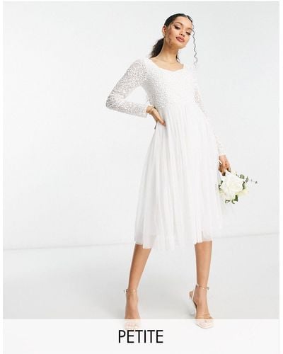 Beauut Petite Bridal Embellished Bodice Midi Skater Dress With Tulle - White