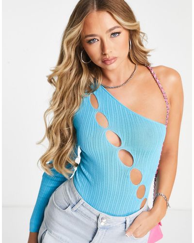 AsYou One Sleeve Cut Out Sheer Knit Bodysuit - Blue