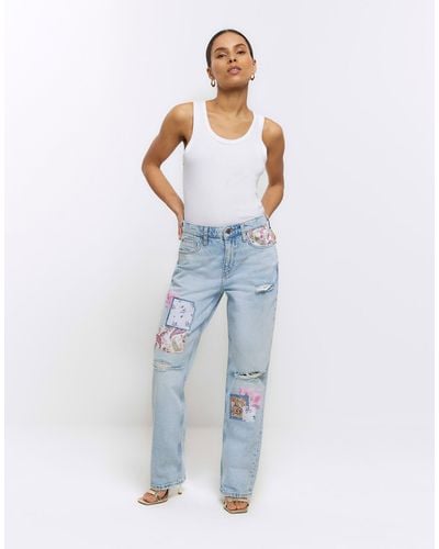 River Island Patch Stove Straight Jeans - Blue