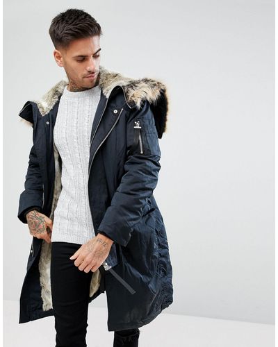 River Island Parka Jacket With Faux Fur Lining - Blue