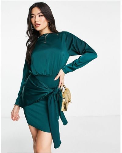 Naanaa Long Sleeve Satin Dress With Wrap Tie - Green