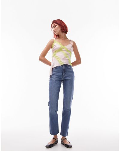 TOPSHOP Cropped Mid Rise Straight Jeans With Raw Hems - Blue