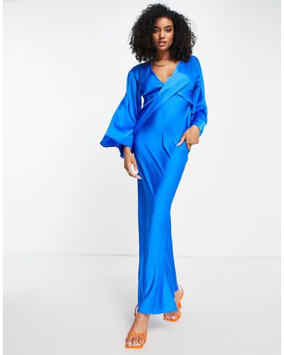 ASOS Satin Batwing Midi Dress With Drape Bodice Detail - Blue