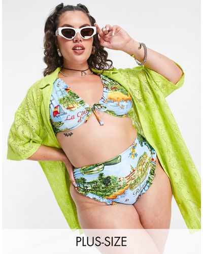Reclaimed (vintage) Inspired plus - top bikini con ferretto e stampa rétro stile cartolina - multi - Multicolore
