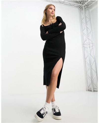 Miss Selfridge Long Puff Sleeve Detail Midi Dress - Black