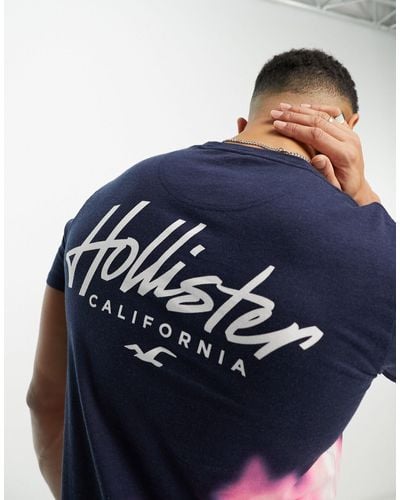 Hollister Chest & Back Logo Acid Wash Ombre Longline T-shirt - Blue
