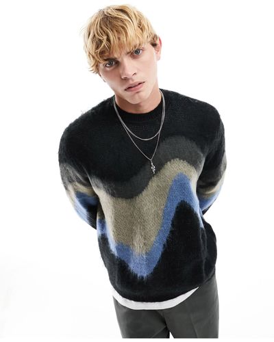 ASOS Relaxed Knitted Fluffy Jumper With Blue Wavey Design - Black