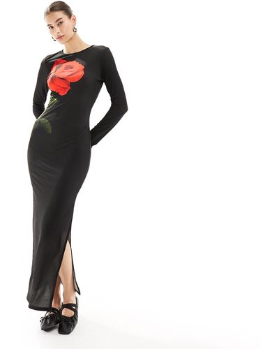 Miss Selfridge Long Sleeve Rose Print Midi Dress - Black