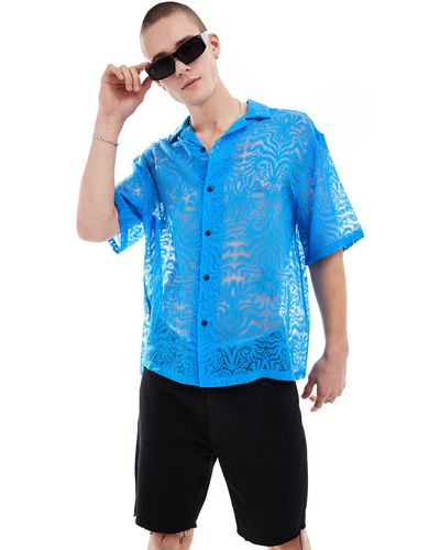 ASOS Short Sleeve Boxy Oversized Deep Revere Wavy Burnout Shirt - Blue