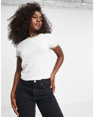 Brave Soul Claudine - t-shirt avec bordures contrastantes à imprimé léopard - Blanc