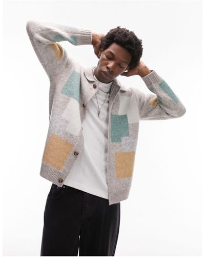 TOPMAN Colourblock Knitted Button Through Sweater - White