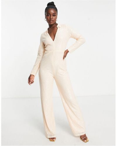 In The Style Exclusive Sequin Plunge Front Wide Leg Jumpsuit - Natural