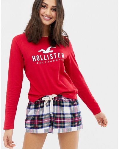 Hollister – Pyjama-Shorts mit Schottenkaros - Weiß