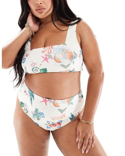 ASOS Asos design curve – bikinihose mit postkarten-print, hohem beinausschnitt und hohem bund - Weiß
